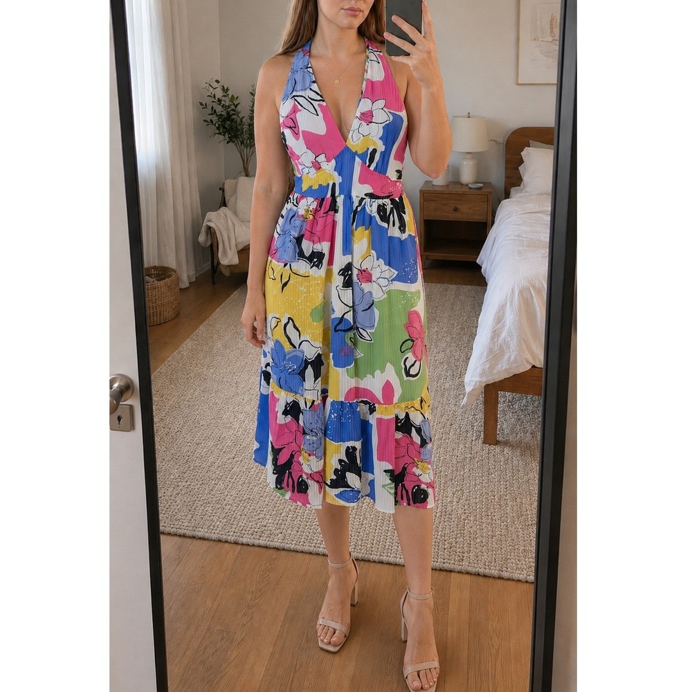 Womens Floral Halter Dress XL Multicolor Tiered Pleated Dopamine Resort Artsy